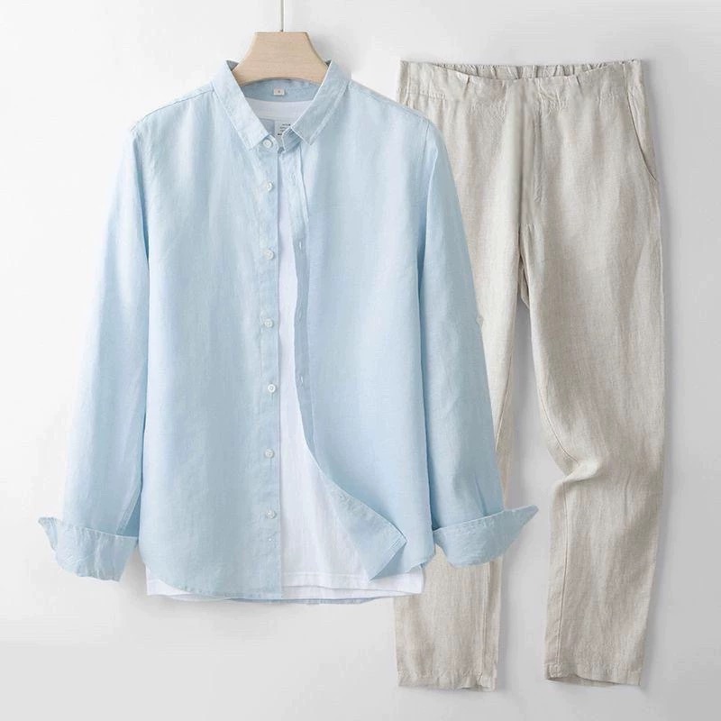 Linen Shirt Breathable - 봄 신작 남성 코튼 린넨 긴팔