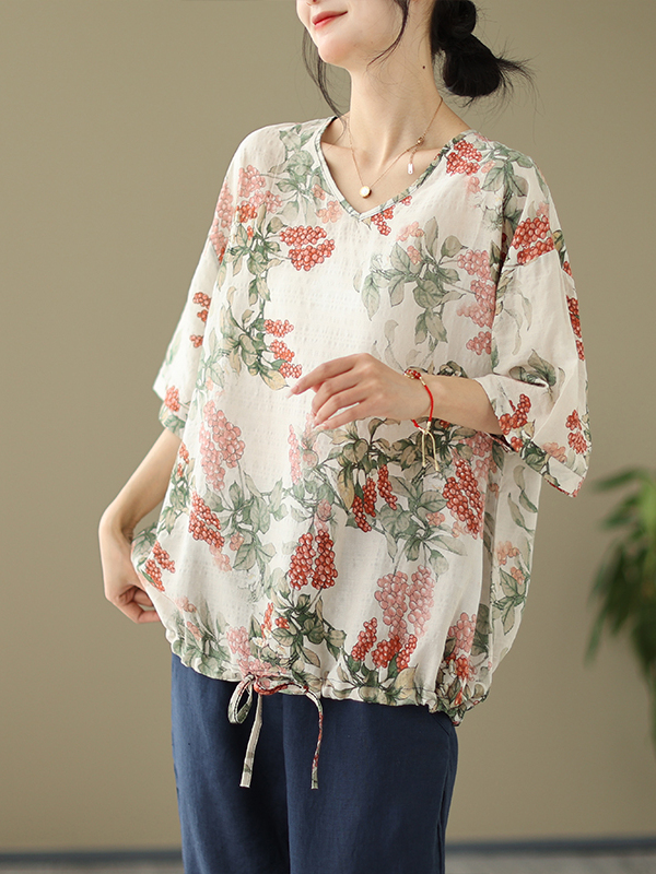 Short Linen Drawstring - 여름 루즈핏 면 린넨 프린트 티셔츠