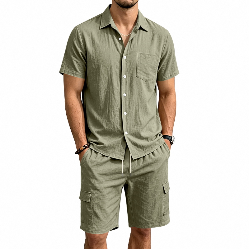 Short Linen Drawstring - 남성 여름 아메리칸 린넨 투피스 세트