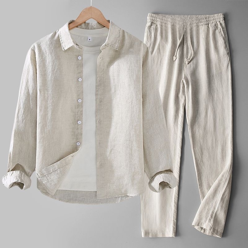 봄 신작 남성 코튼 린넨 긴팔 셔츠 캐주얼 바지 투피스 - Linen Shirt Breathable 리뷰 및 가격