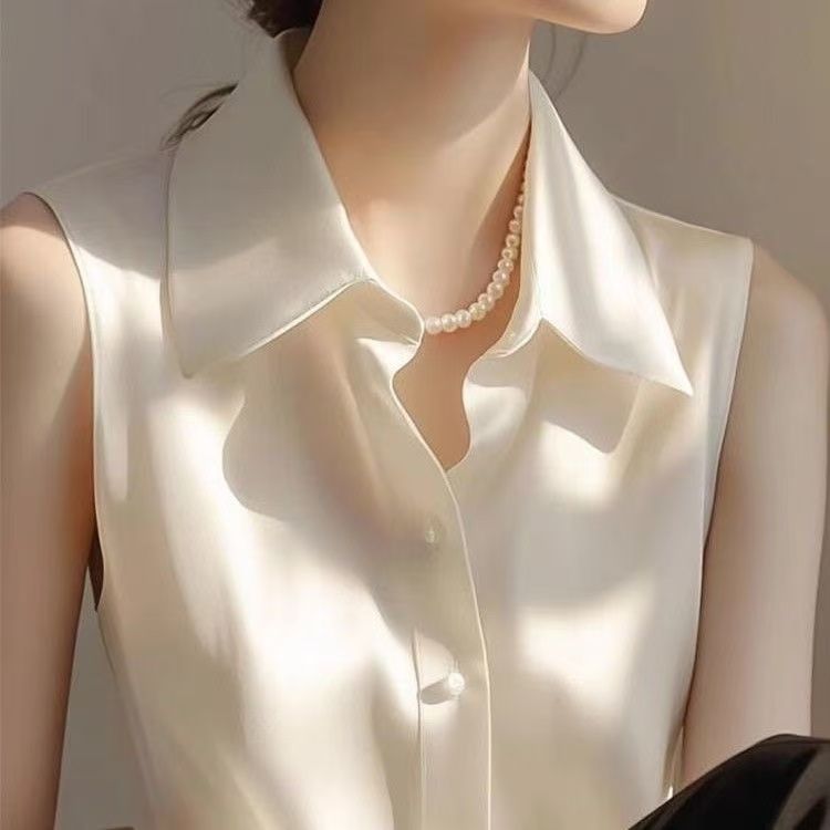봄과 여름 여성을위한 프렌치 새틴 폴로 칼라 민소매 조 - Shirt Camp Collar 리뷰 및 가격