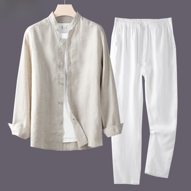 흰색 긴팔 셔츠와 루즈핏 면마 남성 스트레이트 레그 팬 - Linen Shirt Breathable 리뷰 및 가격