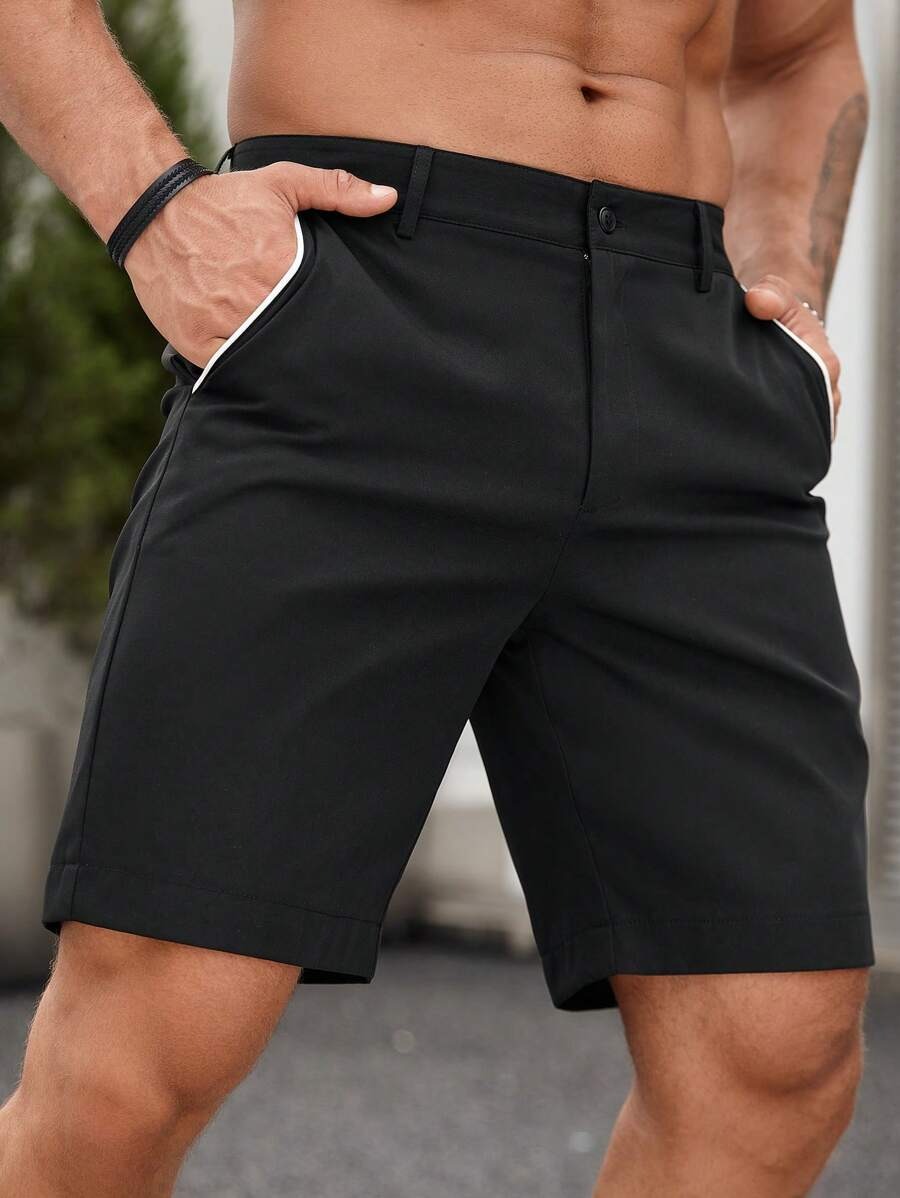 남성용 대비색 트리밍 치노 반바지, 중간 허리, 버튼  - Shorts Chino Slim 리뷰 및 가격