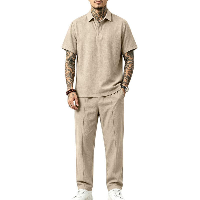 남성 2피스 폴로 세트 반팔 카라 폴로 셔츠 & 스트레 - Short Linen Drawstring 리뷰 및 가격